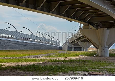 St. Petersburg, Russia - July 19, 2018: A Road Overpass In Front Of Cable-stayed Bridge At The Inter
