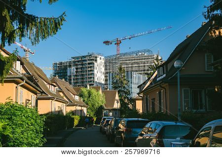 Strasbourg, France - Sep 12, 2018: Construction Of High Rise Skyscrapers Buildings With Construction