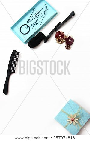 Smartphone Accessories And Hair Pins Flat Lay. Sponge For Hair, Hairdo Babette. Necklaces Of Beads O