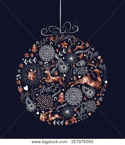 Merry Christmas Happy New Year Greeting Card Design, Holiday Elements And Reindeer In Copper Low Pol