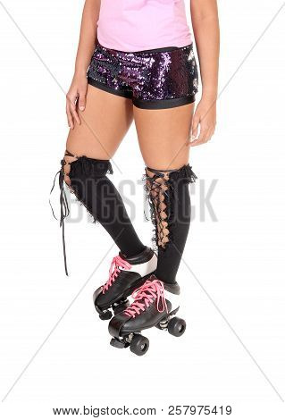 A Woman With Roller Skates Standing From Front, With Her Long Black
Socks, Body Part, Isolated For W
