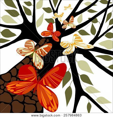 Tree With Red And Orange Butterflies, Vector Illustration