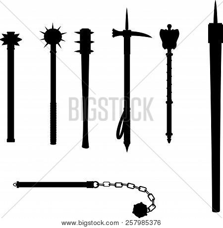 Medieval Weapon Mace Warhammer Outline Isolated On White Background