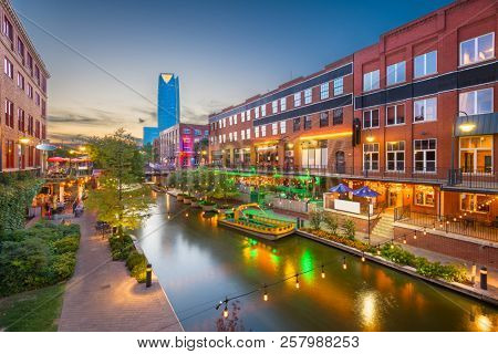 Oklahoma City, Oklahoma, USA cityscape in Bricktown at dusk.