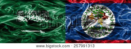 Saudi Arabia Vs Belize Smoke Flags Placed Side By Side. Thick Colored Silky Smoke Flags Of Saudi Ara