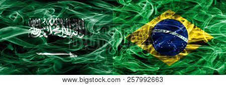 Saudi Arabia Vs Brazil Smoke Flags Placed Side By Side. Thick Colored Silky Smoke Flags Of Saudi Ara