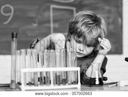 Chemical Analysis. Kid Study Chemistry. Biotechnology And Pharmacy. Genius Pupil. Education Concept.