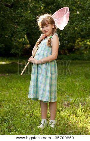 Funny, Dark-haired Girl With A Butterfly Net