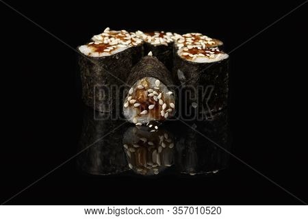 Various Sushi, Rolls On A Black Background With Reflection. Especially For Cafes And Restaurants On 