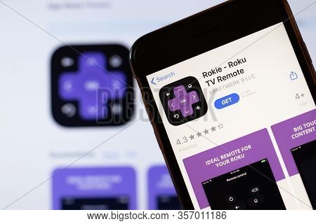 Los Angeles, California, Usa - 24 March 2020: Rokie Roku Tv App Logo On Phone Screen Close Up With W
