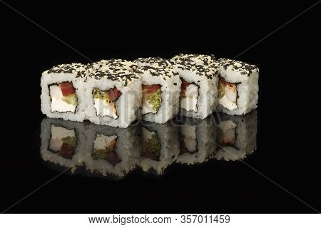 Various Sushi, Rolls On A Black Background With Reflection. Especially For Cafes And Restaurants On 