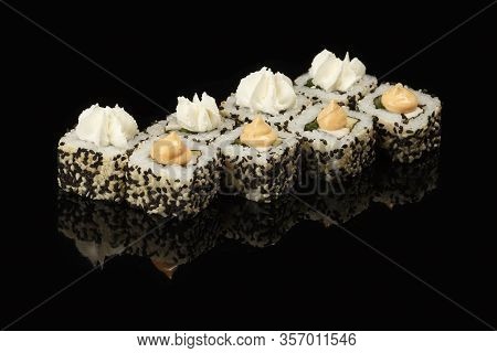 Various Sushi, Rolls On A Black Background With Reflection. Especially For Cafes And Restaurants On 