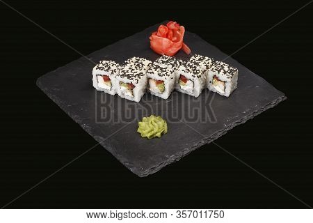 Various Sushi, Rolls On A Black Background With Reflection. Especially For Cafes And Restaurants On 