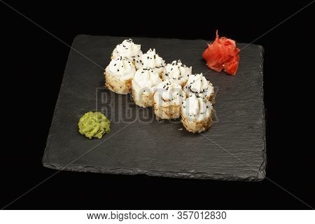 Various Sushi, Rolls On A Black Background With Reflection. Especially For Cafes And Restaurants On 