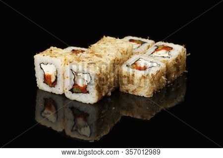 Various Sushi, Rolls On A Black Background With Reflection. Especially For Cafes And Restaurants On 