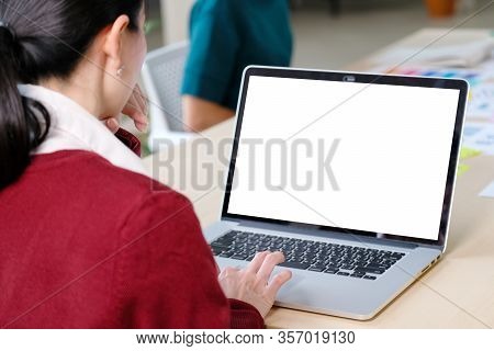 Laptop Computer Screen Mockup, Template Background, Woman Typing Laptop Computer With Blank Screen A
