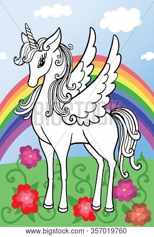 Children's Coloring Book With A Unicorn, On A Colored Background
