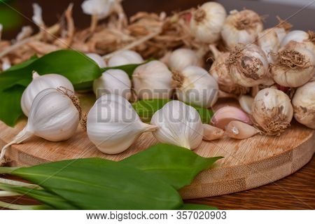 Wild Garlic Ramson Or Bear Garlic With Garlic Bulb And Garlic Cloves On Wooden Cutting Board