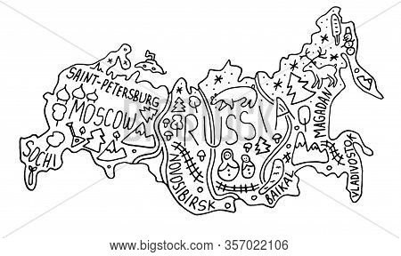 Hand Drawn Doodle Russia Map. Russian City Names Lettering And Cartoon Landmarks, Tourist Attraction