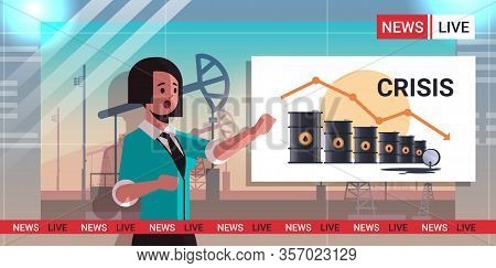 Tv Reporter Presenting News About Oil Barrels Downward Chart Arrow Falling Price Decrease Of Petrole