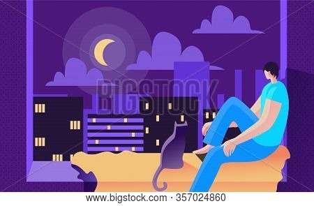 Young Man Sits At Night On Window And Looks Moon. Soulful Young Man Sits At Night By Open Window Wit