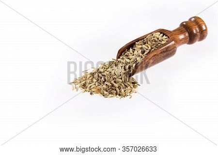 Dried Fennel Seeds In The Wooden Spoon - Foeniculum Vulgare