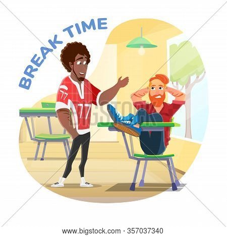Advertising Banner, Guys Have Break Time In Class. Two Strong Handsome Student Guys Communicate Betw