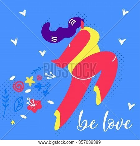 Be Love Floral Flat Vector Web Banner Template. Attractive Overweight Woman Running In Garden. Sprin