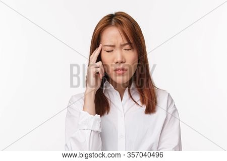Health, Midicine And People Concept. Close-up Portrait Of Tired And Dizzy Young Asian Woman Sufferin