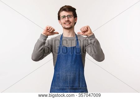 Portrait Of Cool And Arrogant Young Male Employee In Apron Brag He Can Do Best Drinks, Easily Prepar