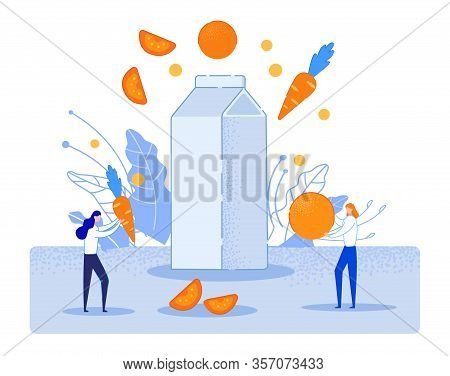 Pharmaceutical Production Natural Fruit Vitamin. One Brunette Girl Holds Carrot, Second Redhaired Wo