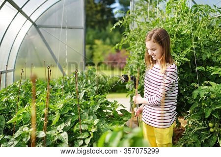 Adorable Young Girl Watering Variuos Vegetables In A Greenhouse On Sunny Summer Day. Gardening Activ