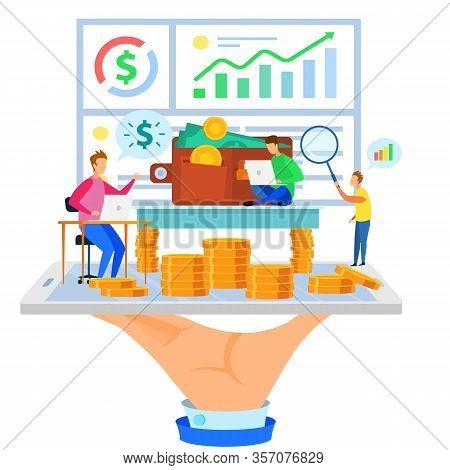 Hand With Phone Dollar Wallet Gold Coin Man Work Notebook Money Profit Chart Growth Cartoon People V