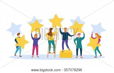 Different People Give Feedback Ratings And Reviews.characters Hold Stars Above Their Heads.evaluatio