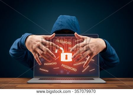 Hacker Usurp Unprotected Computer. Password Leakage And Cybersecurity Concept. Notebook With Symbol 