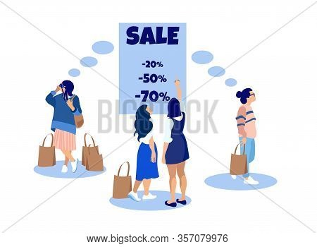 Women At Booth. Sales Time. Make Purchases In Store. Paper Bags. Woman With Package. Sale Day. Vecto