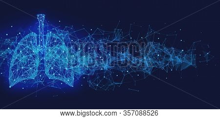 Futuristic Medical Concept With Red Human Lungs. Abstract Geometric Design With Plexus Effect On Dar