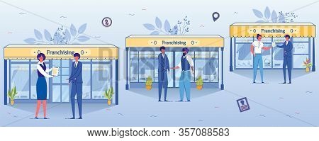 Franchising Business Concept Flat Cartoon Vector Illustration. Woman Offering Contract Document To C