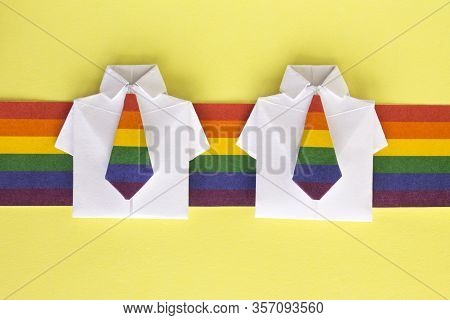Long Stretch With Symbol Lgbt Flags And Figures Of People. Shirt Made Of Paper With Color Tie, Origa