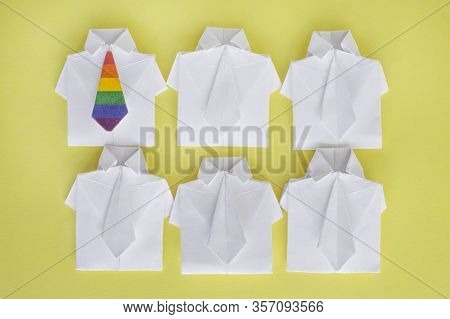 Lgbt Symbol Of Rainbow Flag On Tie. Figures Of People, Shirt Made Of Paper, Origami. Protection Of T