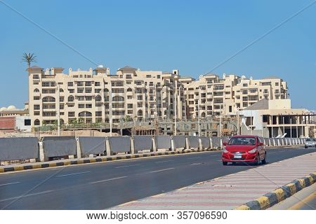 Hurghada / Egypt. 30 July 2018: City Panorama With Street Cars About Buildings In Hurghada. Modern C