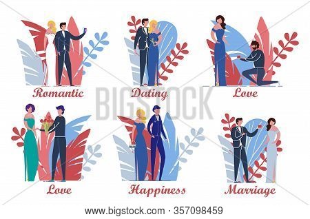 Loving Couples In Various Dating And Love Affairs Actions Set. Man And Woman Cartoon Characters On T