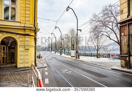 Prague, Czech Republic - March 19, 2020. Smetanovo Nabrezi - Smetana Riverbank During Coronavirus Cr