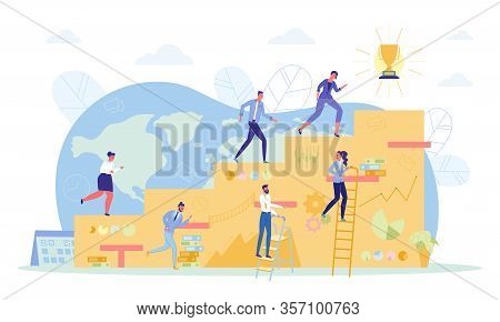 Characters Climbing Professional Growth Steps Flat Cartoon Vector Illustration. Men And Women Going 