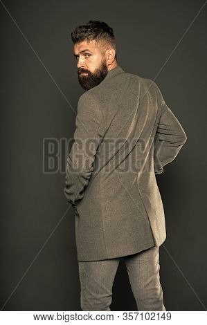 Smart And Versatile. Hipster Grey Background. Bearded Man In Trendy Hipster Style. Busnessman With H