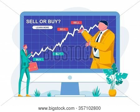 Online Trading Lesson Sell Or Buy Analyzing Chart. Man In Suit Show Stock Growth Chart, It Worth Buy