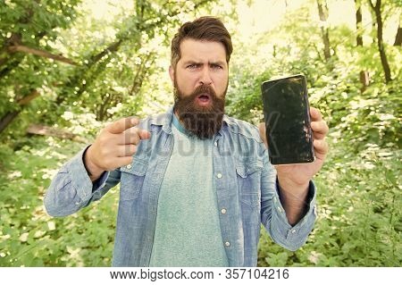 No Connection. Angry Bearded Manon Phone. Mature Hipster With Beard Pointing Finger. Got Lost In For