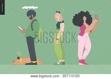 Waiting In Line - Modern Flat Vector Concept Illustration Of A Young Men A Women Standing In Line Wi