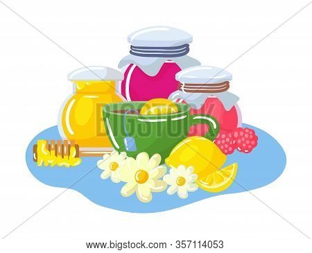 Home Treatment For Flu And Virus Isolated On White Vector Illustrations Of Cold Taking Care Honey, C