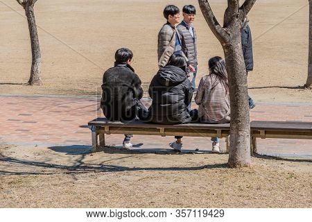 Daejeon, South Korea; March 16, 2020: Group Of Unidentified Young People Not Wearing Mask In Public 